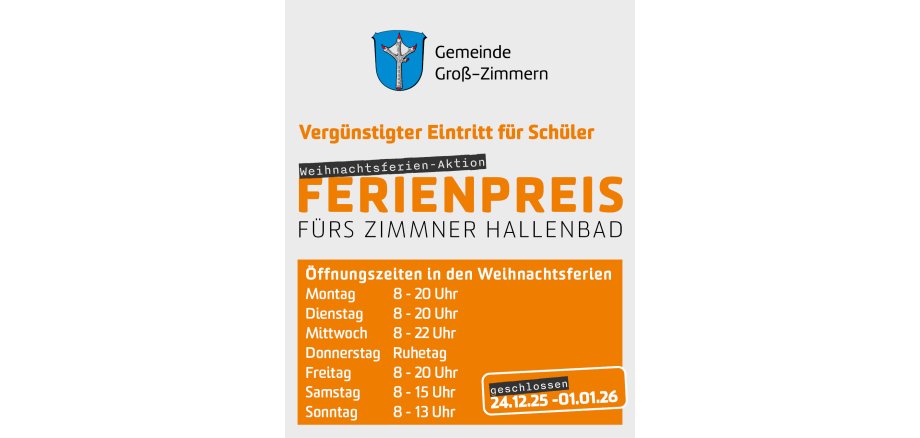 Weihnachtsferien-Infos Hallenbad Im Foto sind die Ferienöffnungszeiten zu sehen: montags, dienstags und freitags 8 bis 20 Uhr, mittwochs 8 bis 22 Uhr, donnerstags Ruhetag, samstags 8 bis 15 Uhr, sonntags 8 bis 13 Uhr; geschlossen vom 24. Dezember bis einschließlich 1. Januar