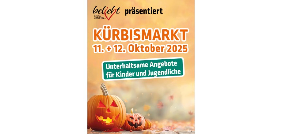Die Informationen sind auf einem Plakat mit dem Logo von beliebt oben und unten sind zwei geschnitzte Kürbisse als Blickfang zu sehen