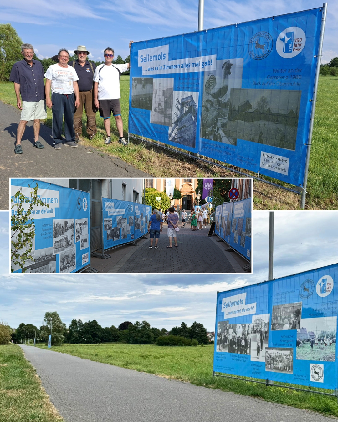 Foto oben: eins der Bildermeilenbanner mit vier Männern der AG Jahrmarkt; Foto Mitte: Bildermeile auf dem Jubiläums-Jahrmarkt; Foto unten: Blick auf den Hans-Geiß-Weg mit einem der Banner
