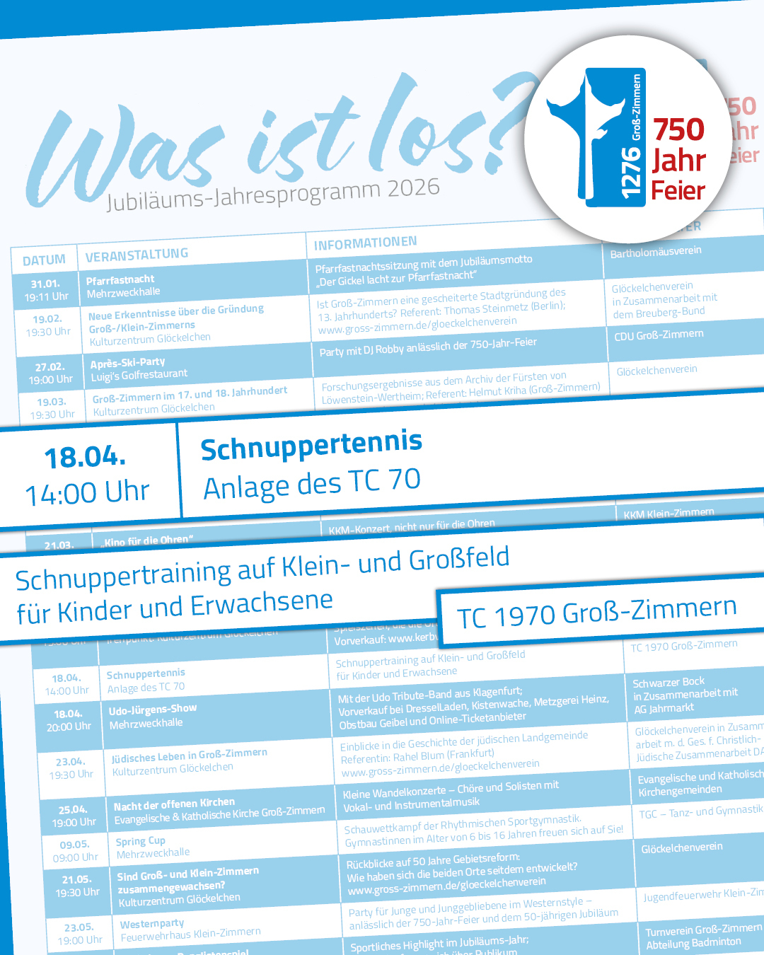 Jubiläums-Jahresprogramm Schnuppertennis Es ist ein Ausschnitt der Vorderseite des Programmflyers zu sehen