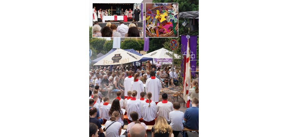 Gottesdienstbesucher auf dem Brunnenplatz vor der evangelischen Kirche; die Pfarrer auf der Bühne; bemalte Giggel im Körbchen