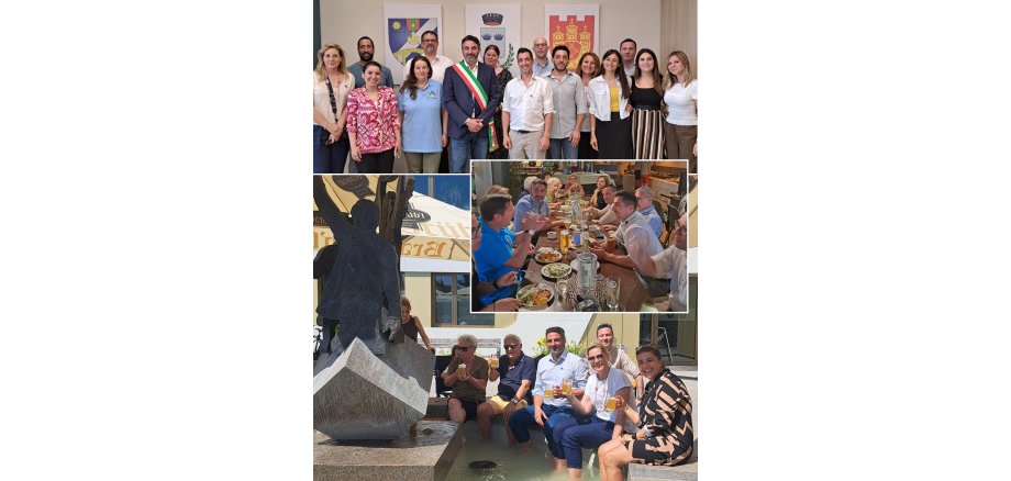 In das obere Bild sieht man eine Gruppenphoto in den Sitzungssaal des Rathaus. Das mittlere Bild zeigt die Gäste beim Abendessen. In der letzte Bild eine Abkühlung in die Hitze.