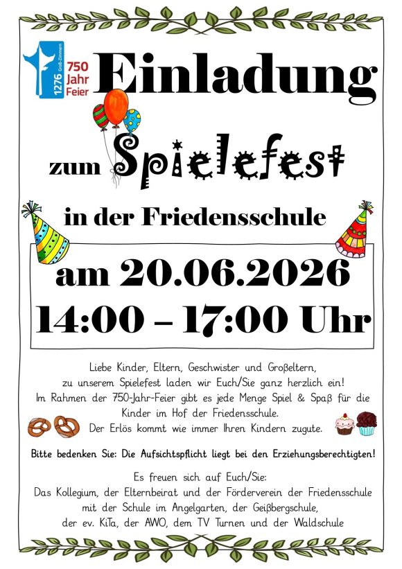 Auf dem Bild sieht man die Einladung zum Spielefest in der Friedensschule
