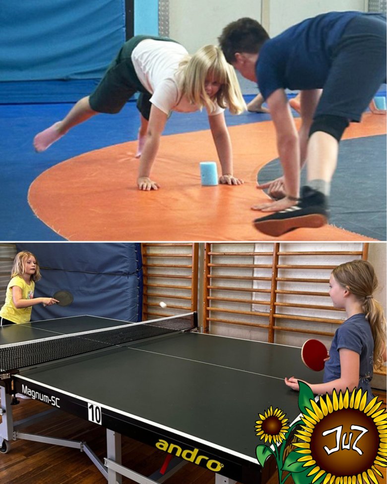 Ferienspielwoche mit Motto Sport und Bewegung Im Foto oben sind zwei ringende Kinder zu sehen, im Foto unten zwei Mädchen beim Tischtennisspielen