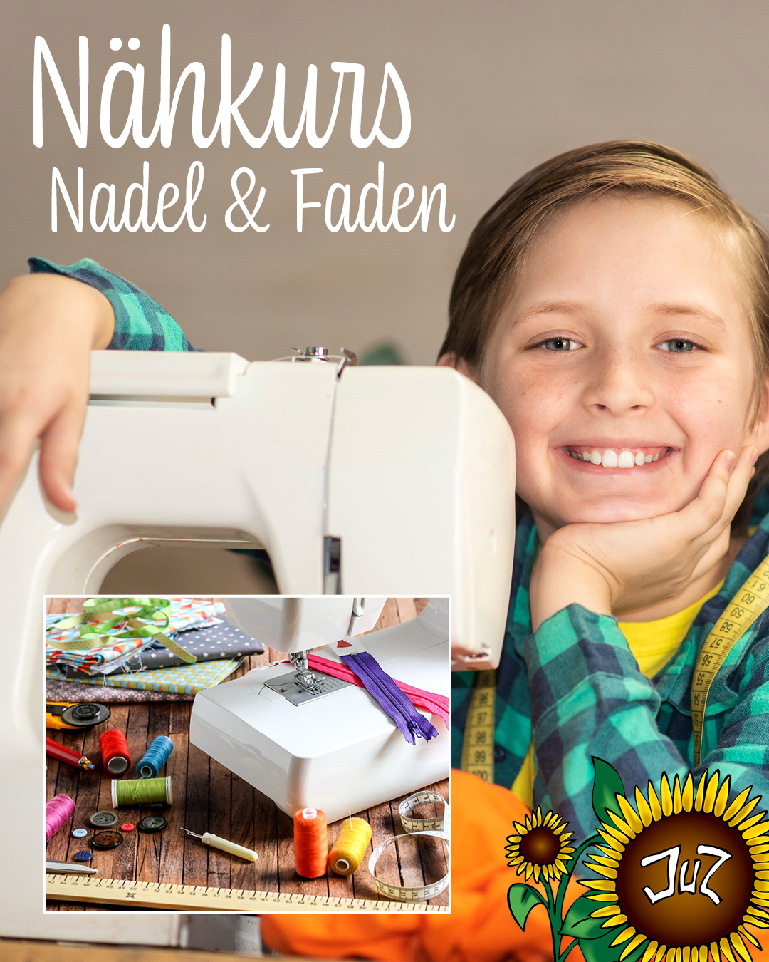 Nadel und Faden Das Foto einen Jungen an der Nähmaschine