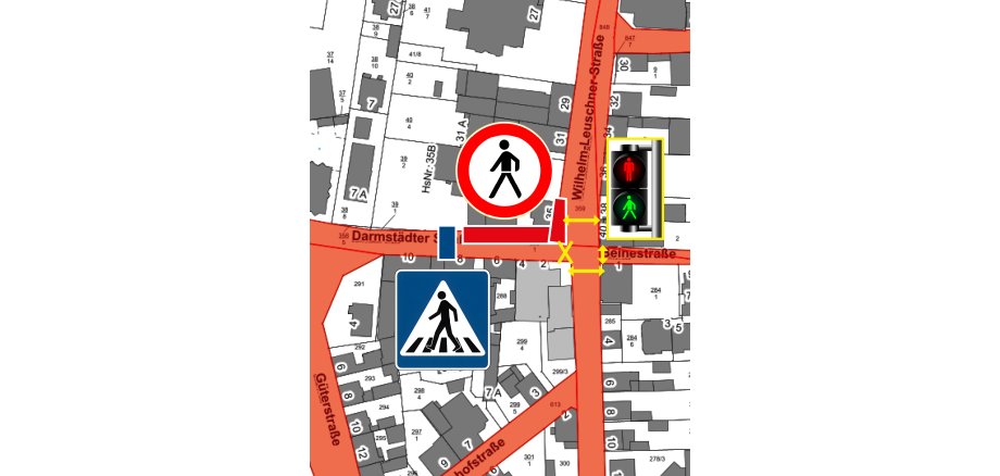 Teilsperrung Kirchstraße Einmündung von Wilhelm-von-Leuschner-Straße Die Sperrung ist in Karte eingezeichnet