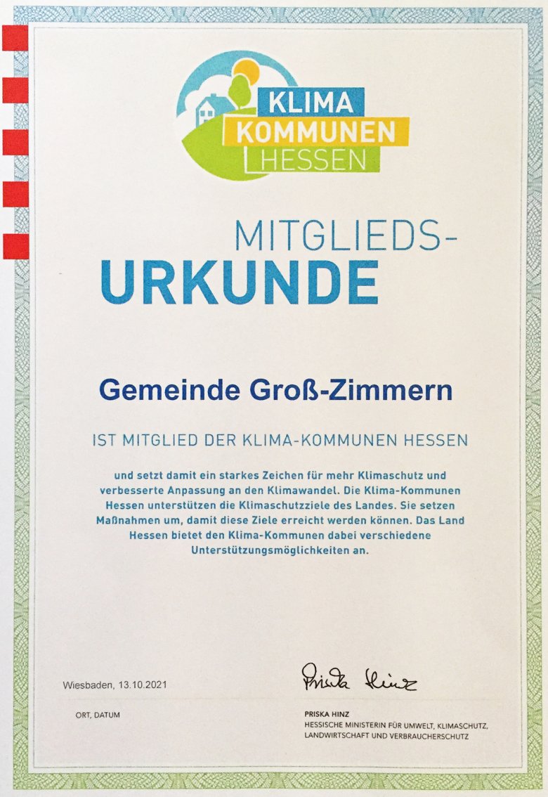 Klimakommunen Hessen - Mitgliedsurkunde