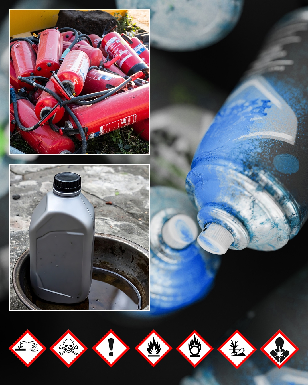 Termine Sammlung Sondermüll Gebrauchte Feuerlöscher, Altöl, Lacksprühdosen und die Gefahrensymbole auf den Produkten, die beim Schadstoffmobil abgegeben werden müssen