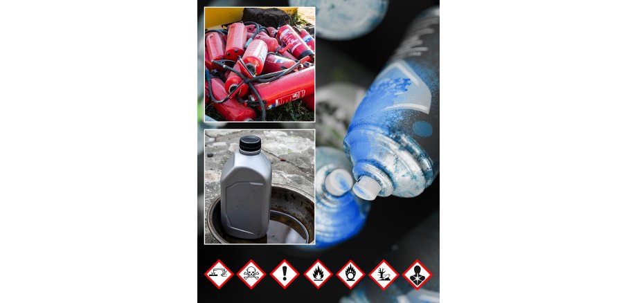 Termine Sammlung Sondermüll Gebrauchte Feuerlöscher, Altöl, Lacksprühdosen und die Gefahrensymbole auf den Produkten, die beim Schadstoffmobil abgegeben werden müssen