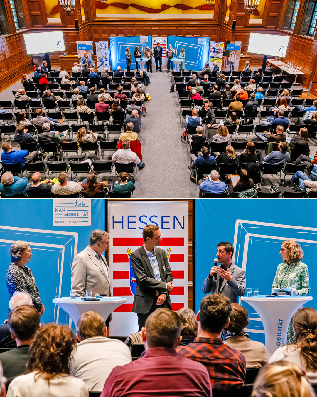 Es sind zwei Fotos von der Veranstaltung. Auf dem oberen mit Blick von oben auf die Teilnehmer, mit Blickrichtung Podium; auf dem unteren eine Aufnahme von der Podiumsdiskussion mit Bürgermeister Mark Pullmann am Mikrofon