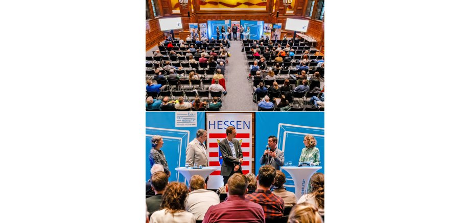 Es sind zwei Fotos von der Veranstaltung. Auf dem oberen mit Blick von oben auf die Teilnehmer, mit Blickrichtung Podium; auf dem unteren eine Aufnahme von der Podiumsdiskussion mit Bürgermeister Mark Pullmann am Mikrofon