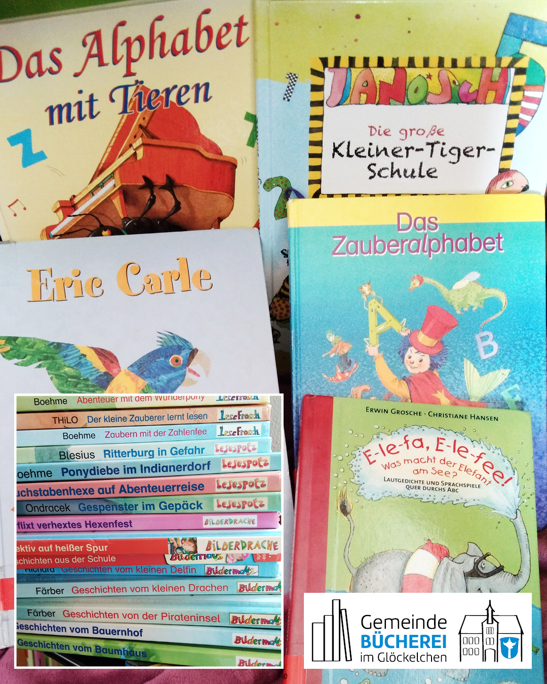 Im Foto zu sehen sind ABC-Lernbücher mit Reimen & Sprachspielen, „Die große Kleiner-Tiger-Schule“, erste Geschichten aus Reihen wie Bildermaus, Bilderdrache, Lesespatz und Lesefrosch, passend zum Lernfortschritt