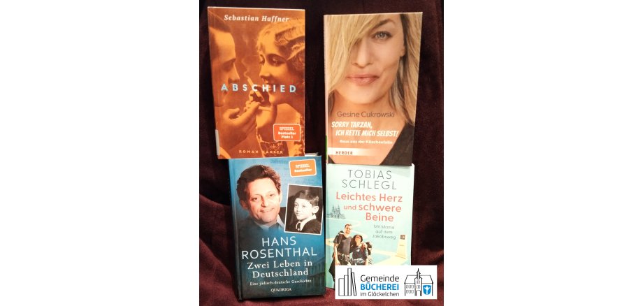 Im Foto zu sehen sind die Bücher „Zwei Leben in Deutschland“, „Leichtes Herz und schwere Beine“, „Sorry Tarzan, ich rette mich selbst“ und „Abschied“