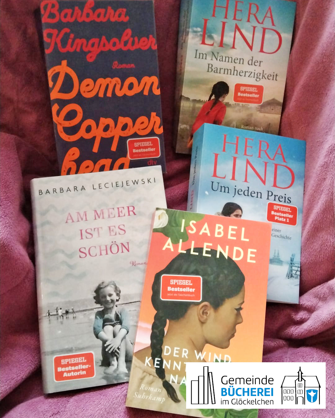 Im Foto zu sehen sind die Bücher „Der Wind kennt meinen Namen“, „Demon Copperhead“, „Am Meer ist es schön“, „Um jeden Preis“ und „Im Namen der Barmherzigkeit“