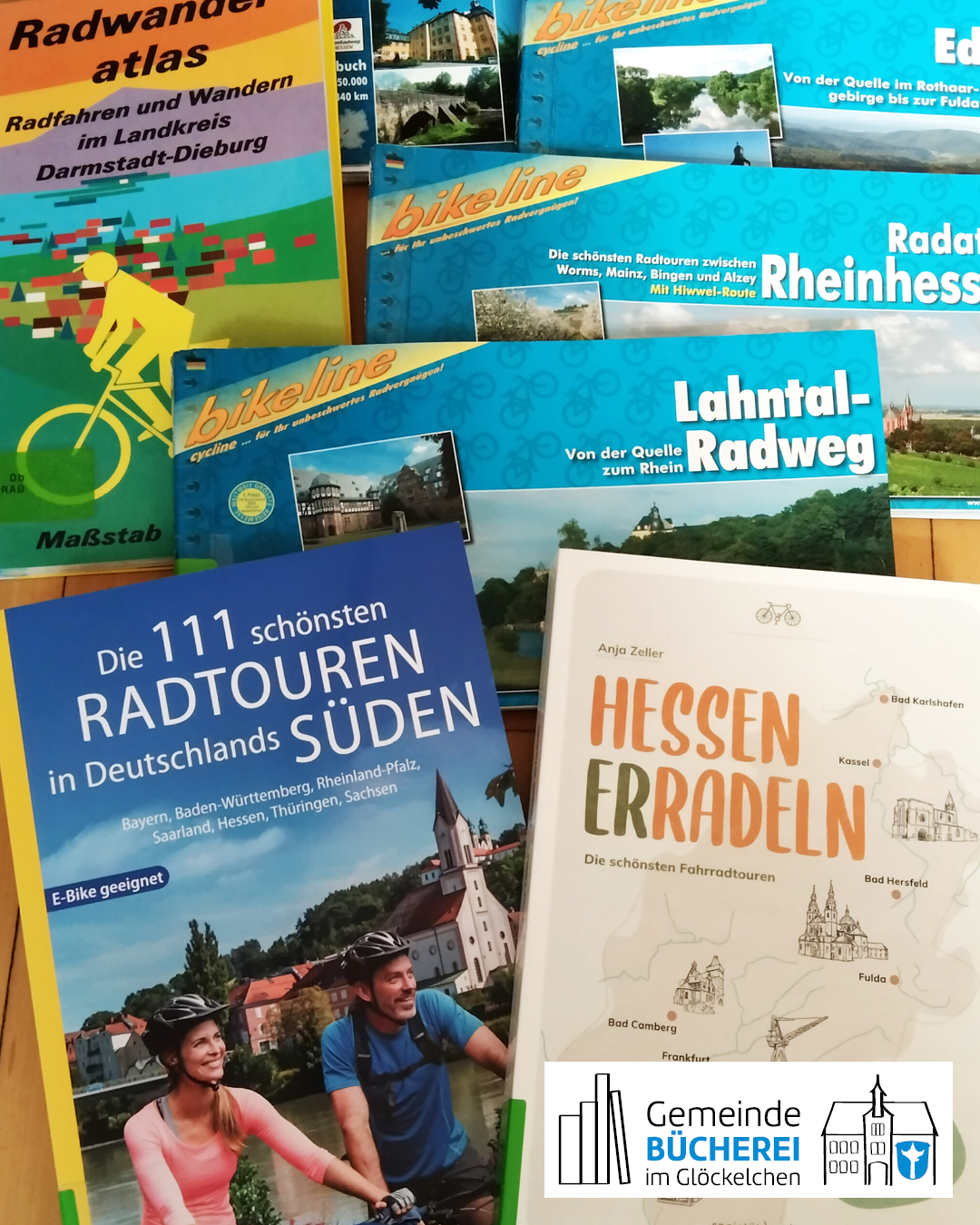 Im Foto zu sehen sind „bikeline“-Radführer, Radwanderatlas Landkreis Darmstadt-Dieburg, „Hessen erradeln“,  „Die 111 schönsten Radtouren in Deutschlands Süden“ 
