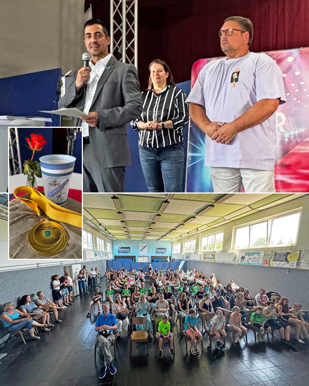 Die Fotocollage zeigt weiterhin die Medaille sowie ein Foto der Besucher in der Athletenhalle