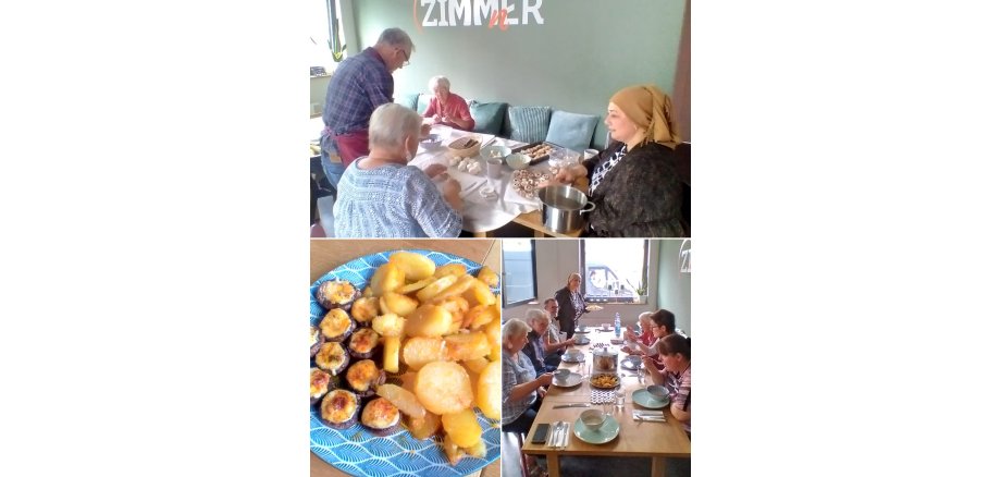 Auf den oberen Foto sieht man Teilnehmende bei der Essenszubereitung, auf dem Foto unten links einen mit gefüllten Champignons und Kartoffelgratin angerichteten Teller und auf dem Foto unten rechts die Gruppe am Tisch mit der Supper als Vorspeise
