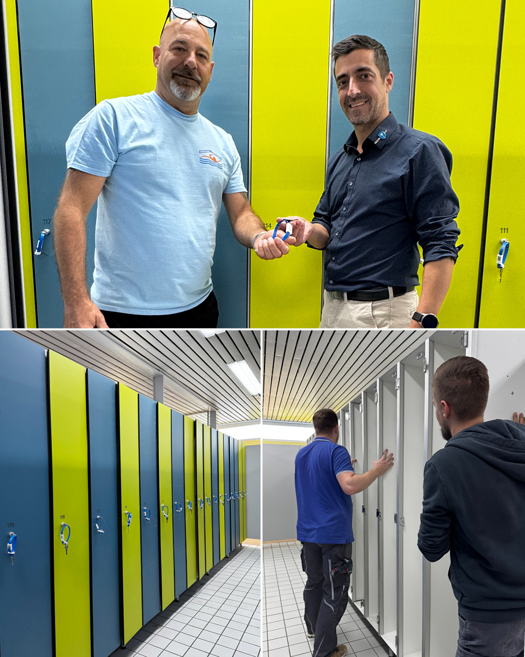 Auf dem Bild sieht man den Bürgermeister bei der symbolischen Schlüsselübergabe für die neuen Spinde an den Leiter des Hallenbads