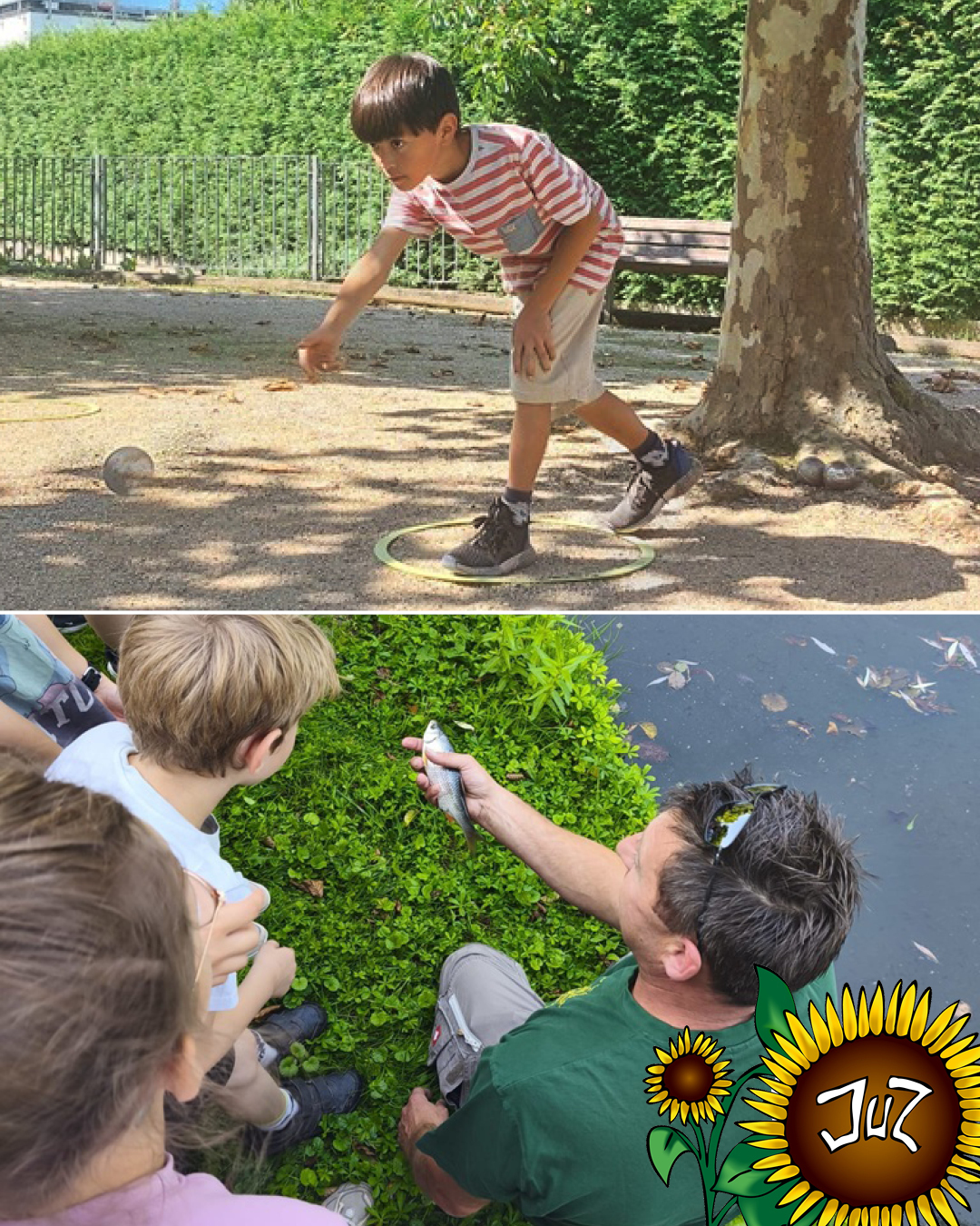 Im Foto oben sieht man einen Jungen beim Werfen einer Boulekugel, im Foto unten bekommen Kinder einen gefangenen Fisch gezeigt