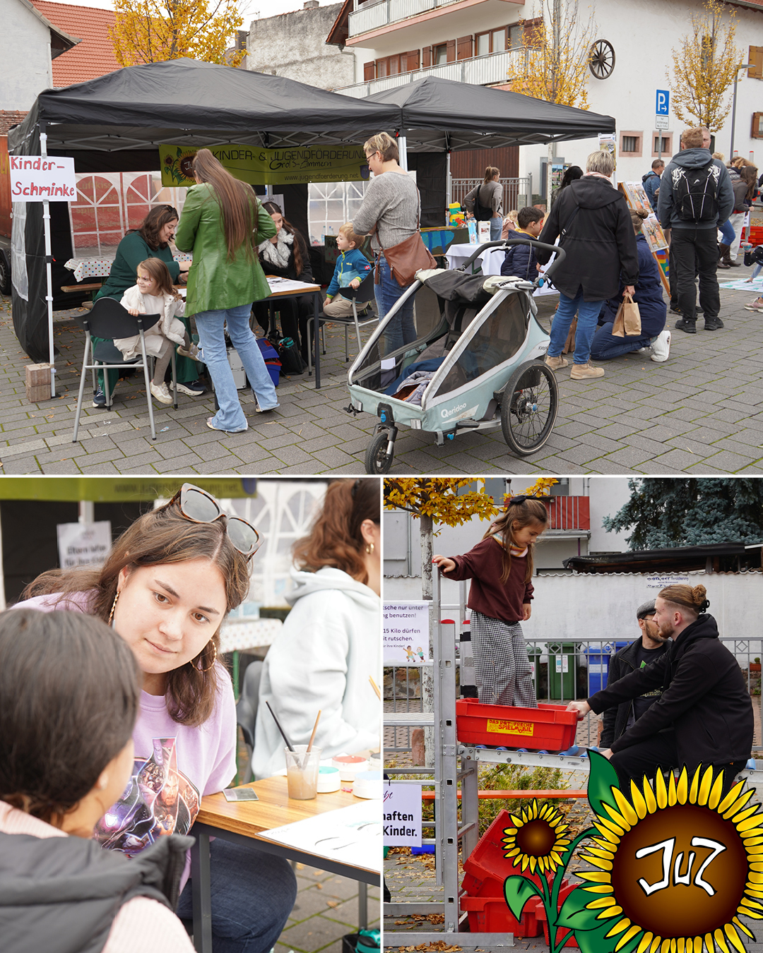 Kürbismarkt Auf dem Bild zu sehen ist die Kinder- und Jugendförderung aktiv am Infostand, beim Kinderschminken und an der Rollenrutsche