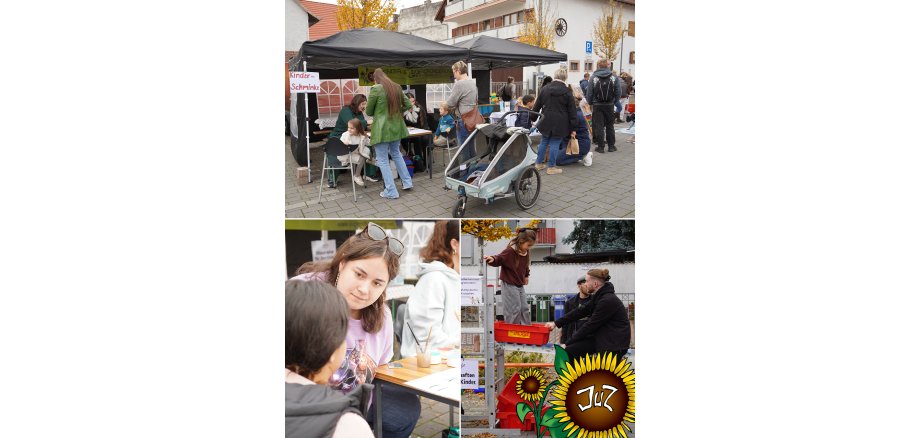 Kürbismarkt Auf dem Bild zu sehen ist die Kinder- und Jugendförderung aktiv am Infostand, beim Kinderschminken und an der Rollenrutsche