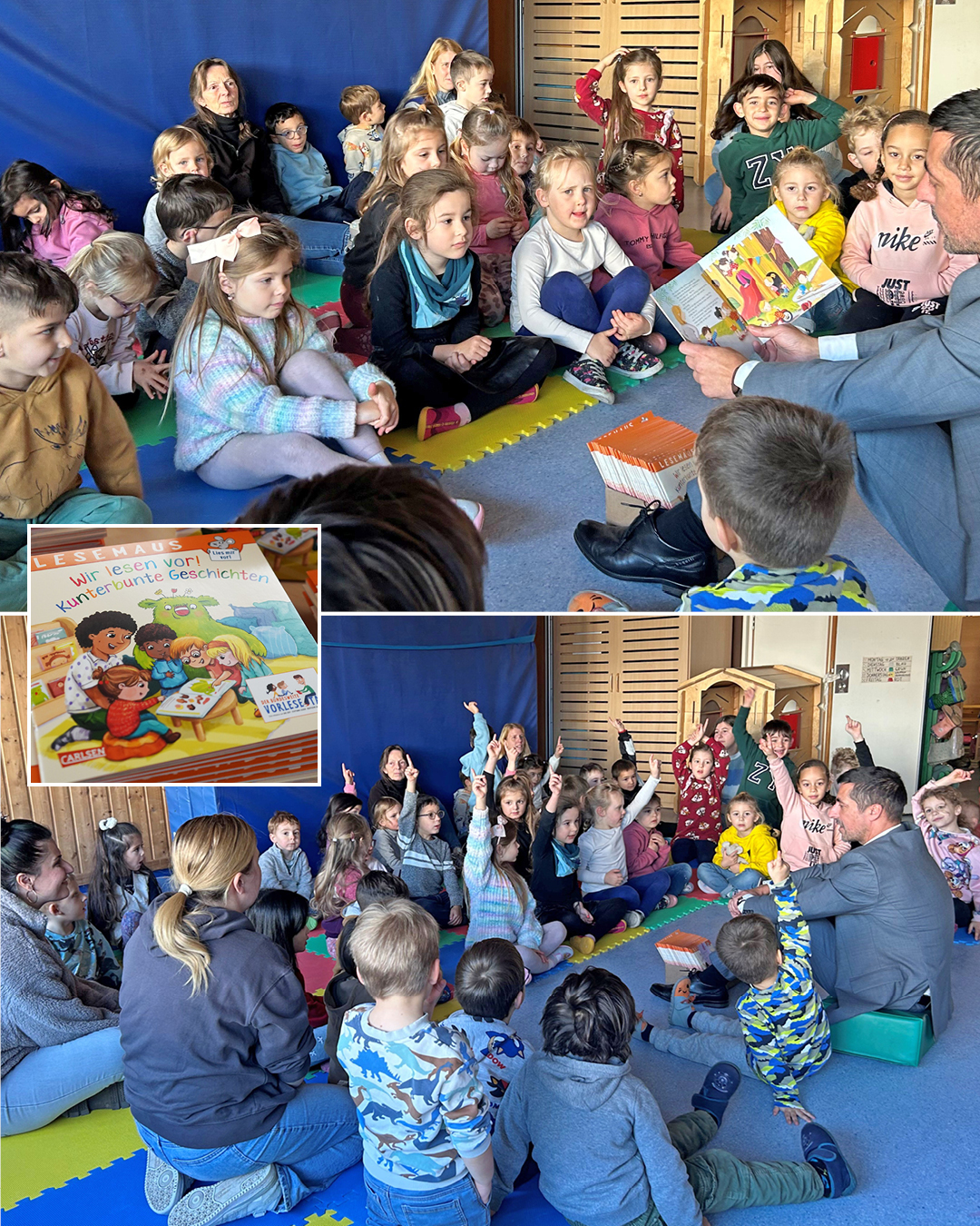 Auf den Fotos sieht man Bürgermeister Mark Pullmann bei den KITA Kindern sitzend beim Vorlesen - im  kleinen Foto ist das Buch zu sehen