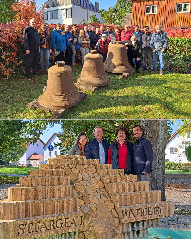 Verschwisterung_Kürbismarkt Auf dem Bild sieht man die Gäste bei der Besichtigung der neuen Glocken der evangelischen Kirche, sowie am Ponthierry-Brunnen in der Grünen Mitte