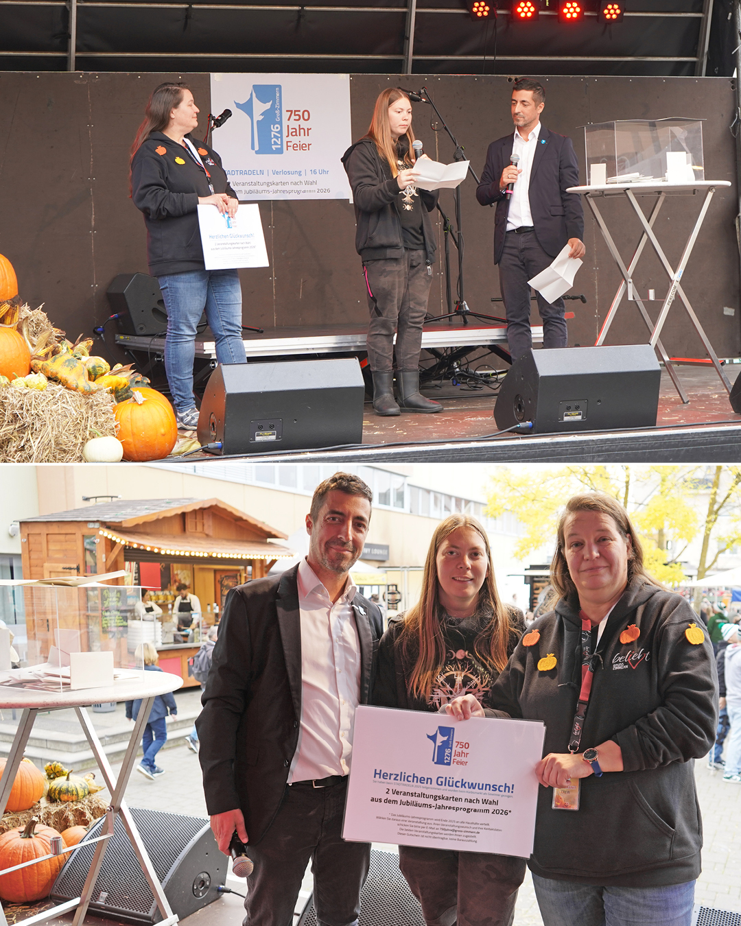 Auf dem Foto ist die Verlosung des Stadtradelns auf der Kürbismarkt-Bühne zu sehen