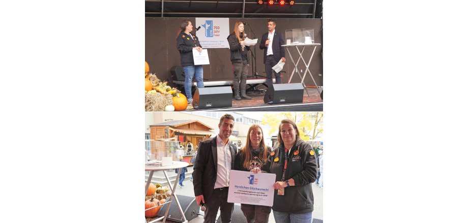 Auf dem Foto ist die Verlosung des Stadtradelns auf der Kürbismarkt-Bühne zu sehen