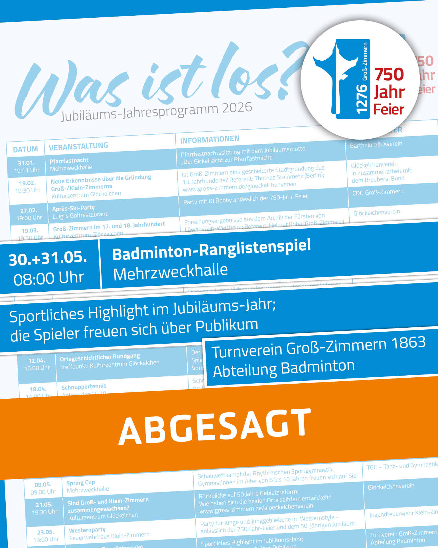 Absage Jubiläums-Jahresprogramm Badminton Ranglistenspiel Es ist ein Ausschnitt der Vorderseite des Programmflyers mit dem Hinweis ABGESAGT zu sehen