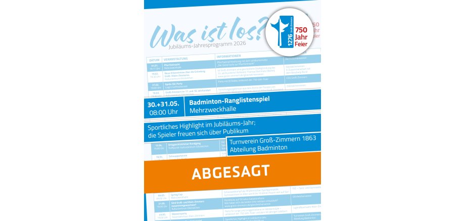 Absage Jubiläums-Jahresprogramm Badminton Ranglistenspiel Es ist ein Ausschnitt der Vorderseite des Programmflyers mit dem Hinweis ABGESAGT zu sehen