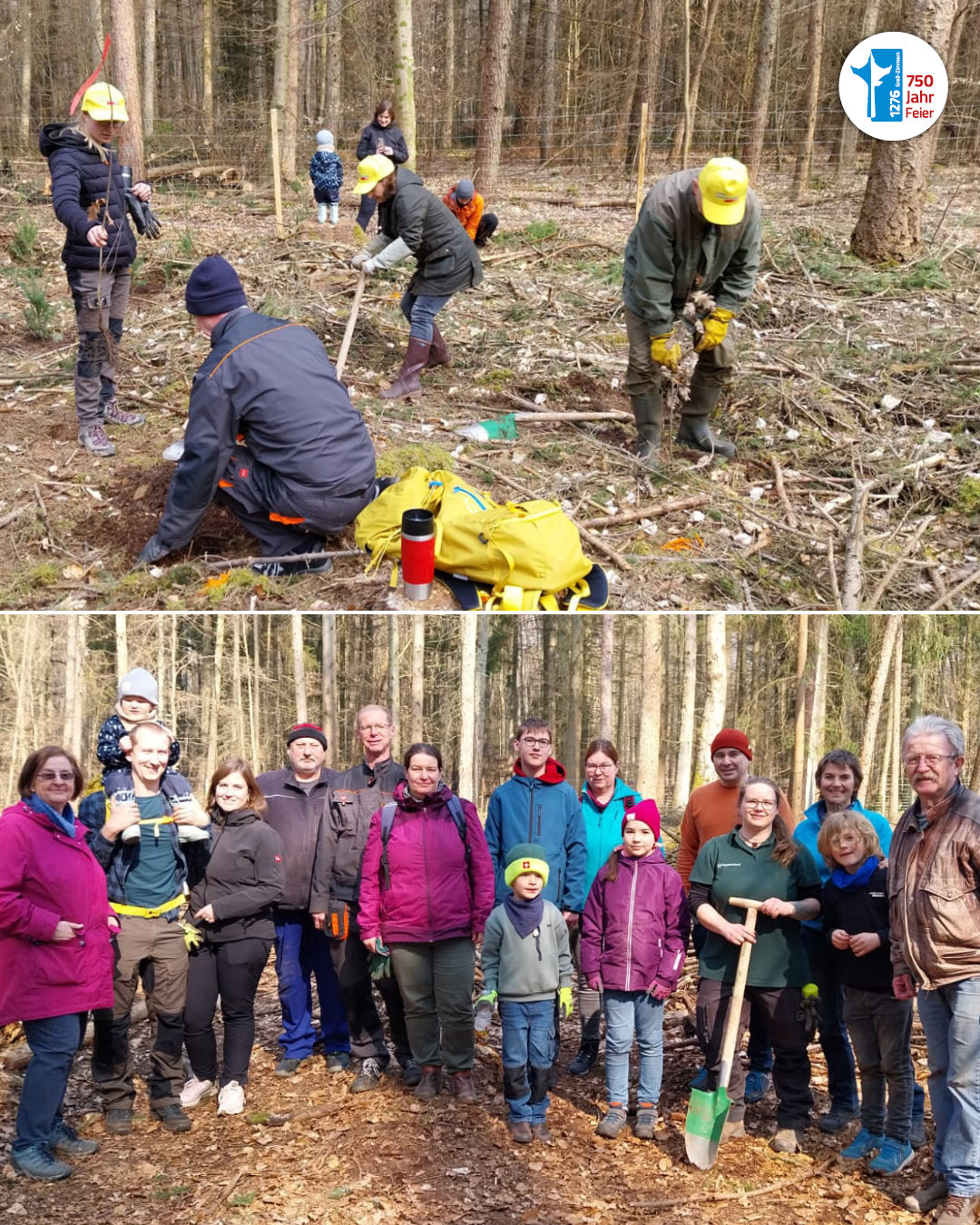 Es sind die Teilnehmer der Baumpflanzaktion zu sehen