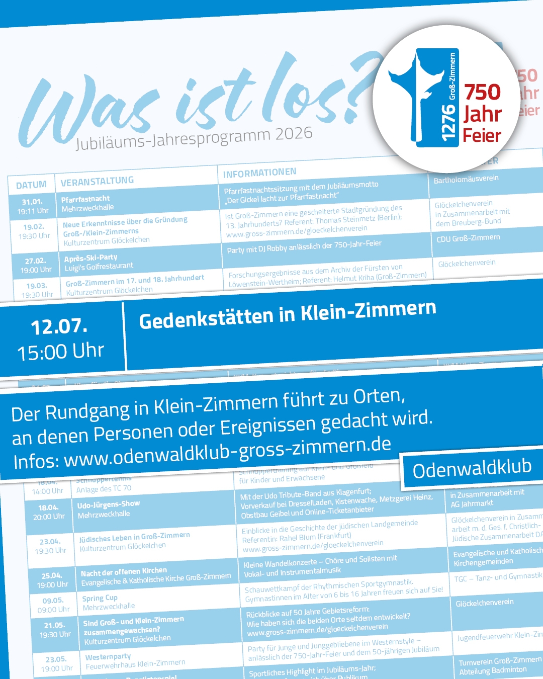 Jubiläums-Jahresprogramm Ortsrundgang zur Klein-Zimmerner Ortsgeschichte Es ist ein Ausschnitt der Vorderseite des Programmflyers zu sehen