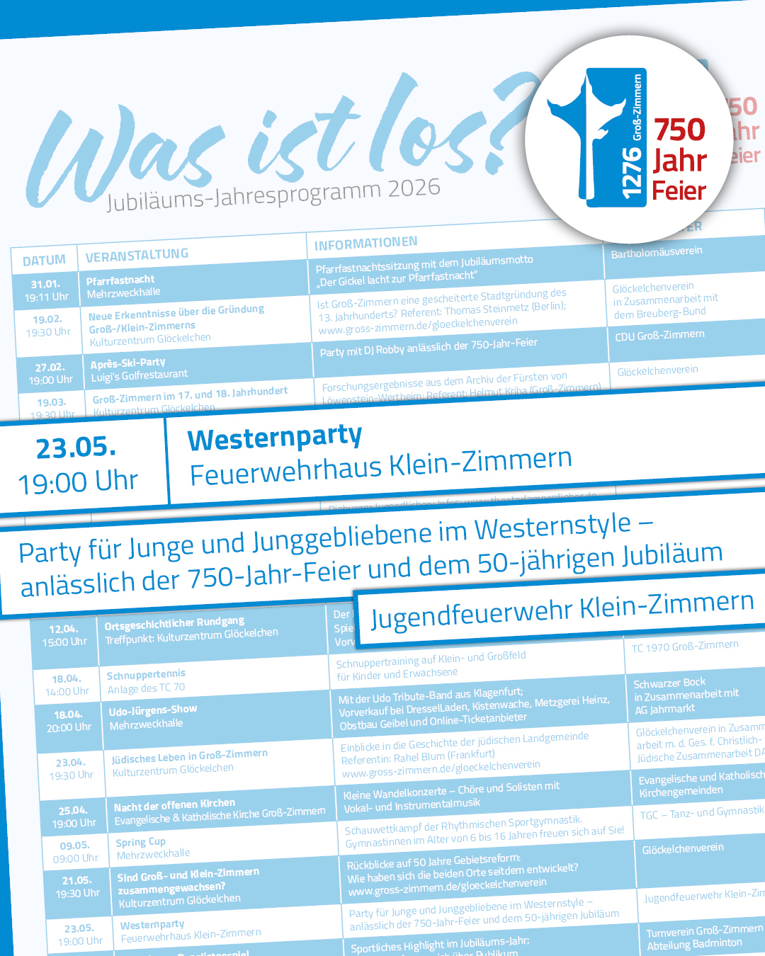 Jubiläums-Jahresprogramm Westernparty Feuerwehr Klein-Zimmern Es ist ein Ausschnitt der Vorderseite des Programmflyers zu sehen