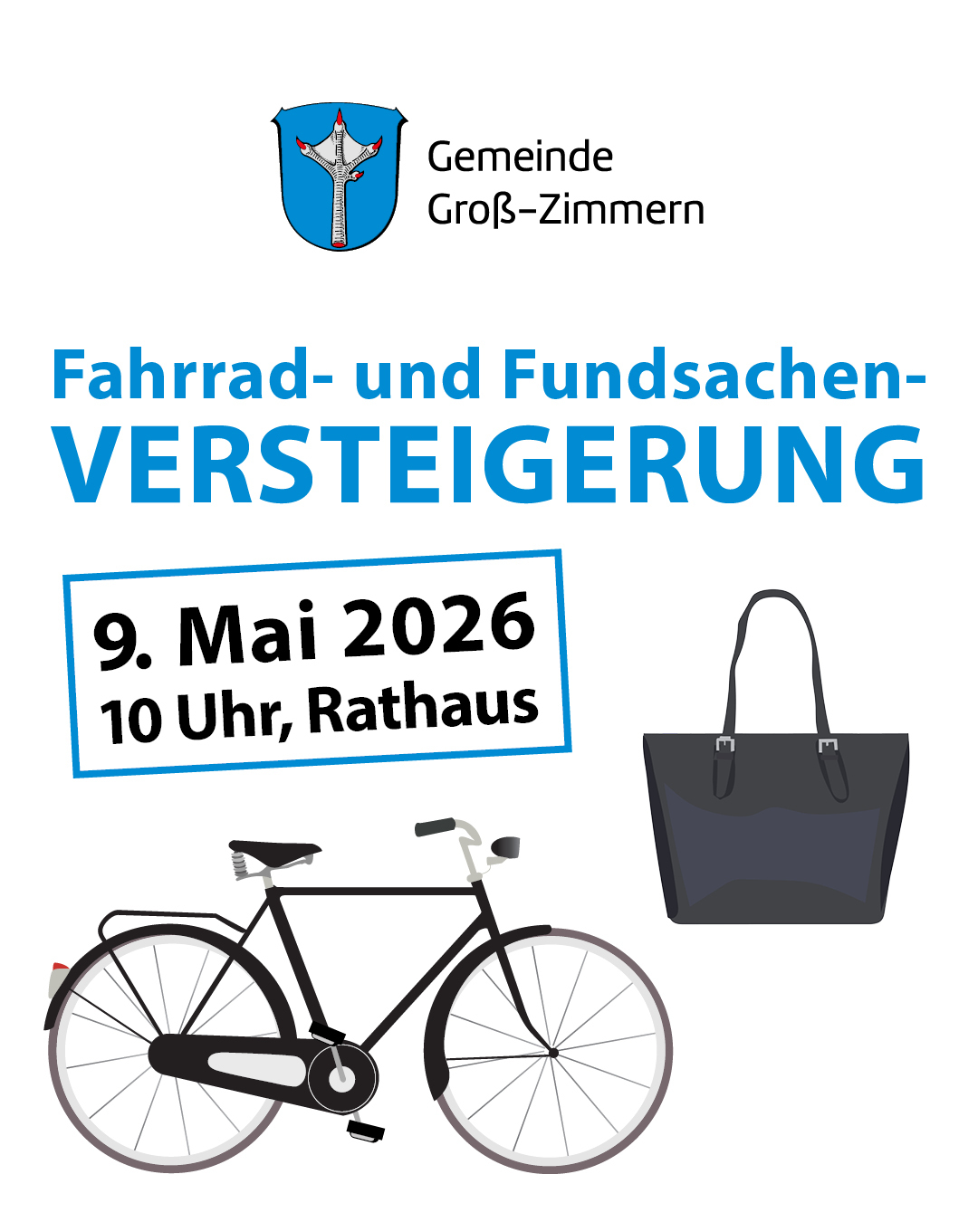 Es ist das Plakat zur Fahrrad- und Fundsachenversteigerung am 09. Mai zu sehen