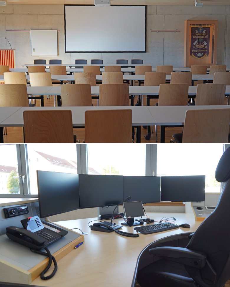 Auf den Fotos ist der Schulungsraum sowie ein Arbeitsplatz zu sehen