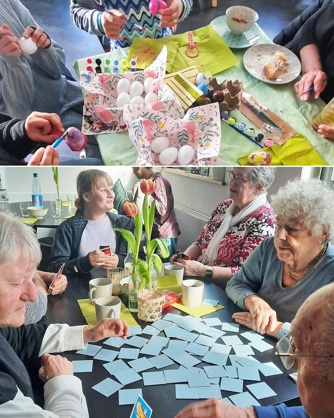 Café kreativ – freitags im ZIMMnER Auf den Fotos sind Teilnehmende beim Bemalen von Ostereiern und Spielen zu sehen.