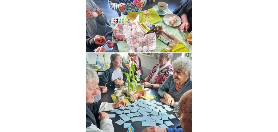 Café kreativ – freitags im ZIMMnER Auf den Fotos sind Teilnehmende beim Bemalen von Ostereiern und Spielen zu sehen.