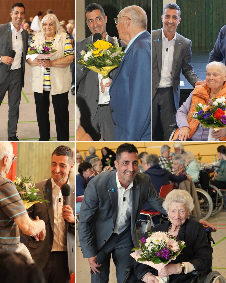 Auf dem Foto sind die ältesten Teilnehmer des Seniorennachmittags mit dem Bürgermeister zu sehen