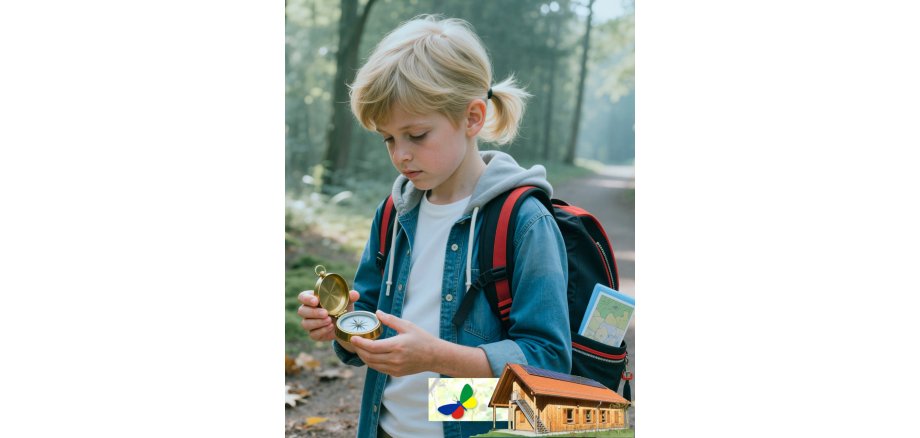 Förderverein Waldschule: Orientierung mit Karte und Kompass - eine Schatzsuche Das Bild zeigt ein Mädchen mit einem Kompass in der Hand