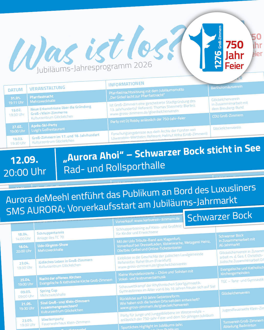 Jubiläums-Jahresprogramm Aurora Ahoi Es ist ein Ausschnitt der Vorderseite des Programmflyers zu sehen