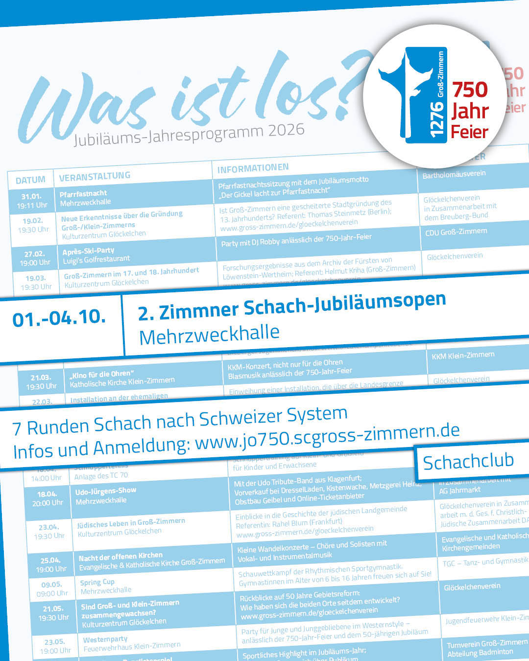Jubiläums-Jahresprogramm 2. Zimmner Schach-Jubiläumsopen Es ist ein Ausschnitt der Vorderseite des Programmflyers zu sehen