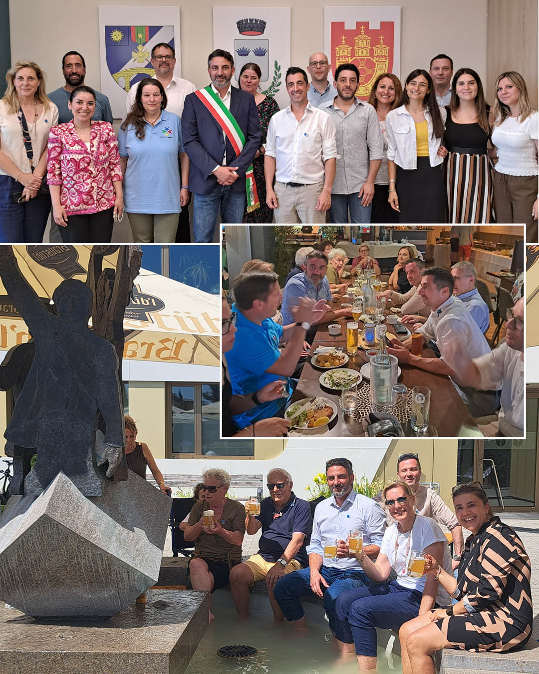 Besuch aus den Partnergemeinden In das obere Bild sieht man eine Gruppenphoto in den Sitzungssaal des Rathaus. Das mittlere Bild zeigt die Gäste beim Abendessen. In der letzte Bild eine Abkühlung in die Hitze.