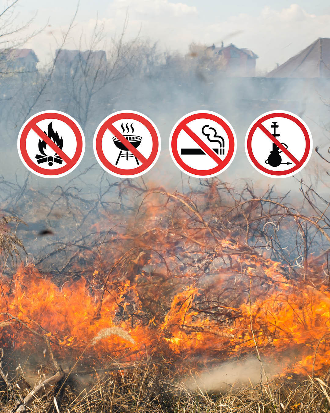 Allgemeinverfügung Feuer - Grill - Rauchverbot Auf dem Bild sind die Verbotszeichen und im Hintergrund eine brennende Freifläche zu sehen
