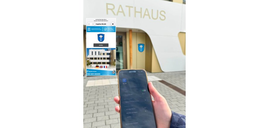 Digitale Dorflinde Auf den großen Foto sieht man ein Smartphone vor dem Rathaus, auf dem kleinen Foto sieht man die Startseite fürs freies WLAN