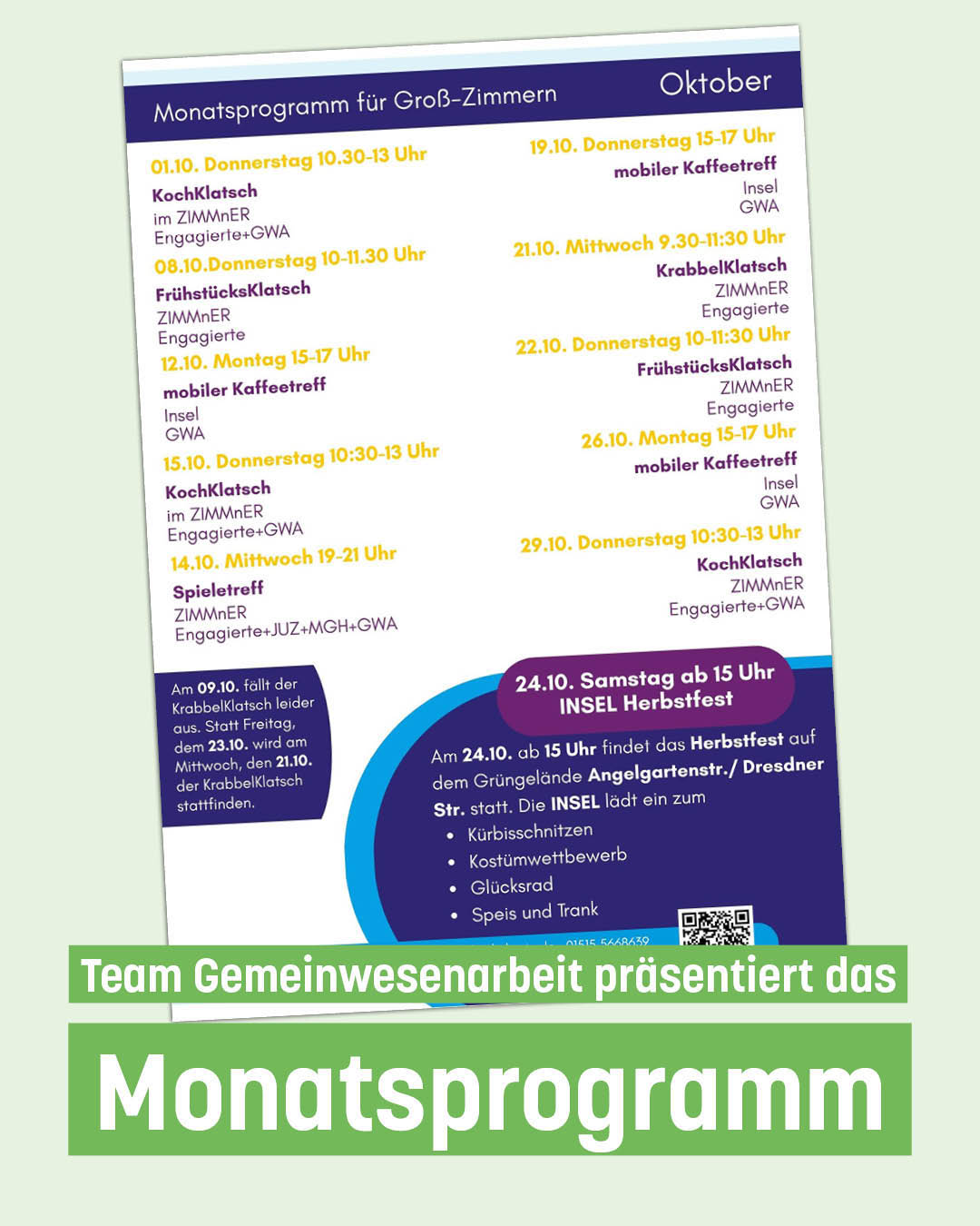 Monatsprogramm Oktober-Gemeinwesenarbeit Auf dem Foto ist der aktuelle Monatsflyer abgebildet
