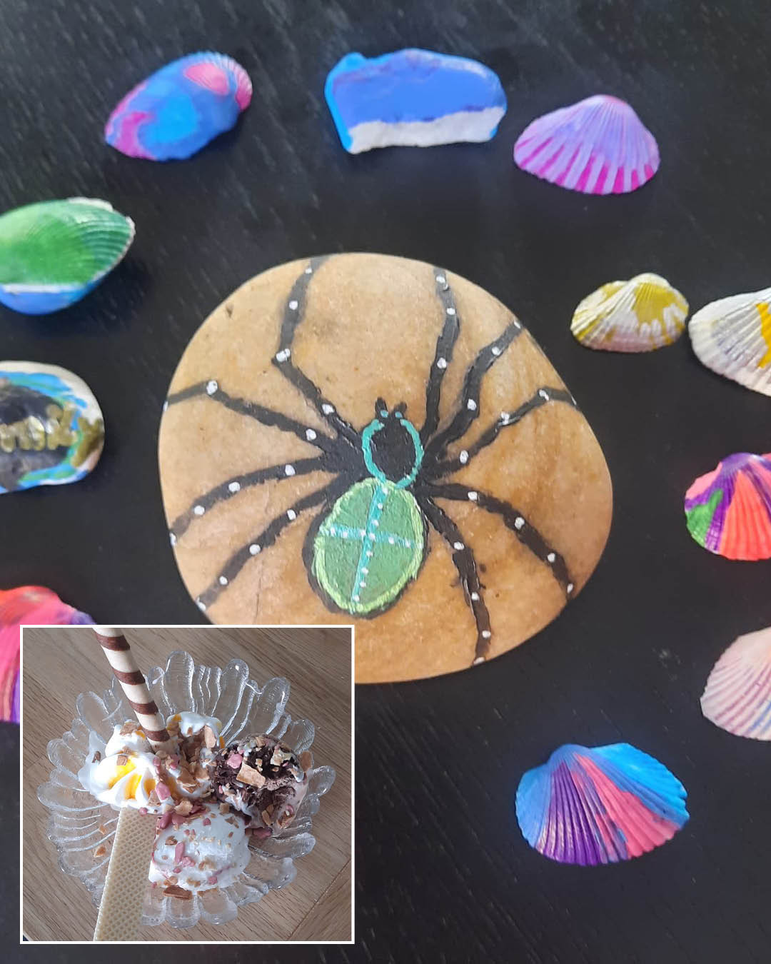 Café kreativ – freitags im ZIMMnER Auf den großen Bild sieht man bemalte Steine und auf den kleinen Bild sieht man das Eis.