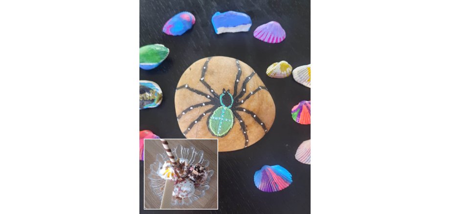 Café kreativ – freitags im ZIMMnER Auf den großen Bild sieht man bemalte Steine und auf den kleinen Bild sieht man das Eis.