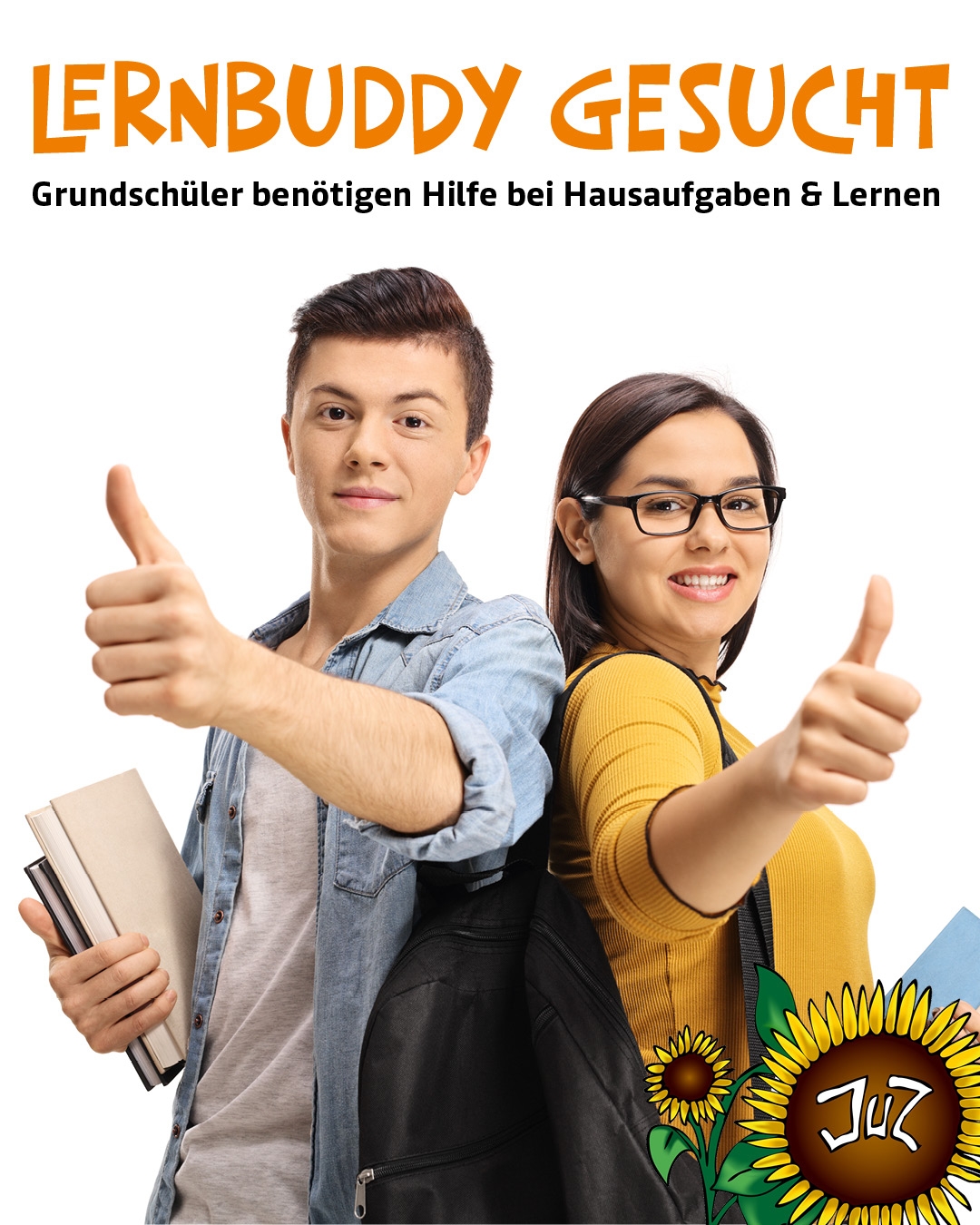 Lernwerkstatt Ein Junge und eine Mädchen haben Bücher in die Hände und halten die Daume oben.