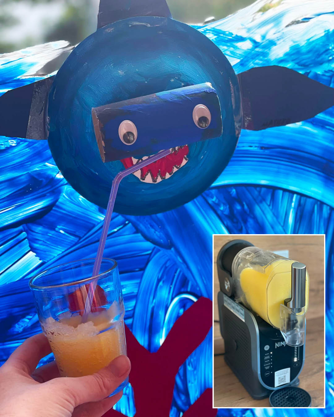 Slush Eis Auf den großen Bild sieht man, dass einem selbstgebastelten Hai ein Slush Eis hingehalten wird; Auf dem kleinen Foto sieht man eine Slush Eis Maschine.